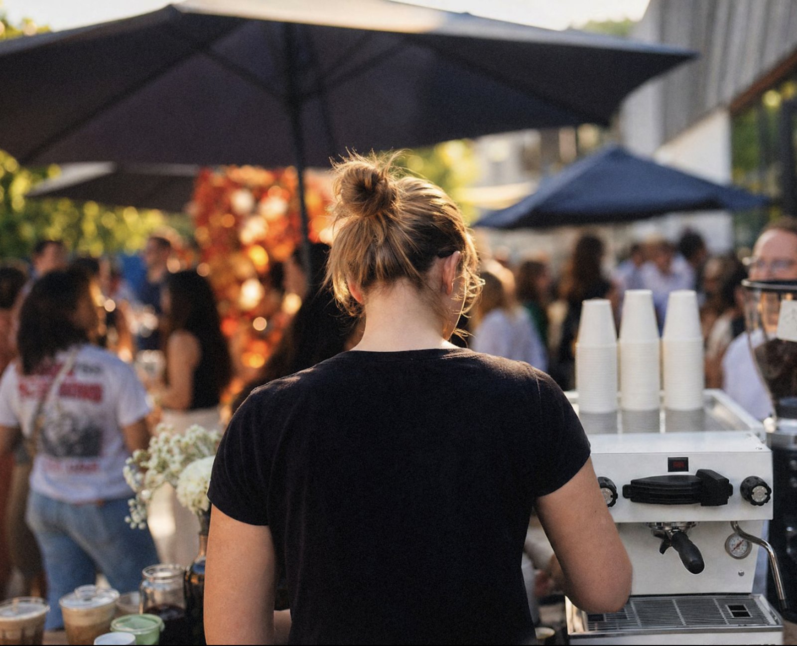 Good Pick event barista making espresso at a busy corporate coffee catering event in Los Angeles, CA