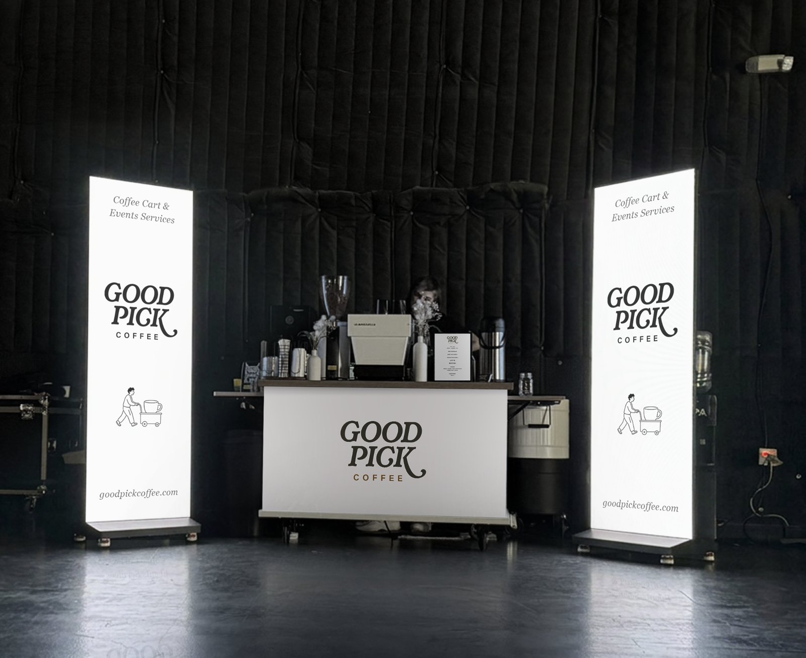 Good Pick coffee cart with two lit LED screens and a barista on a film set stage in Los Angeles, California