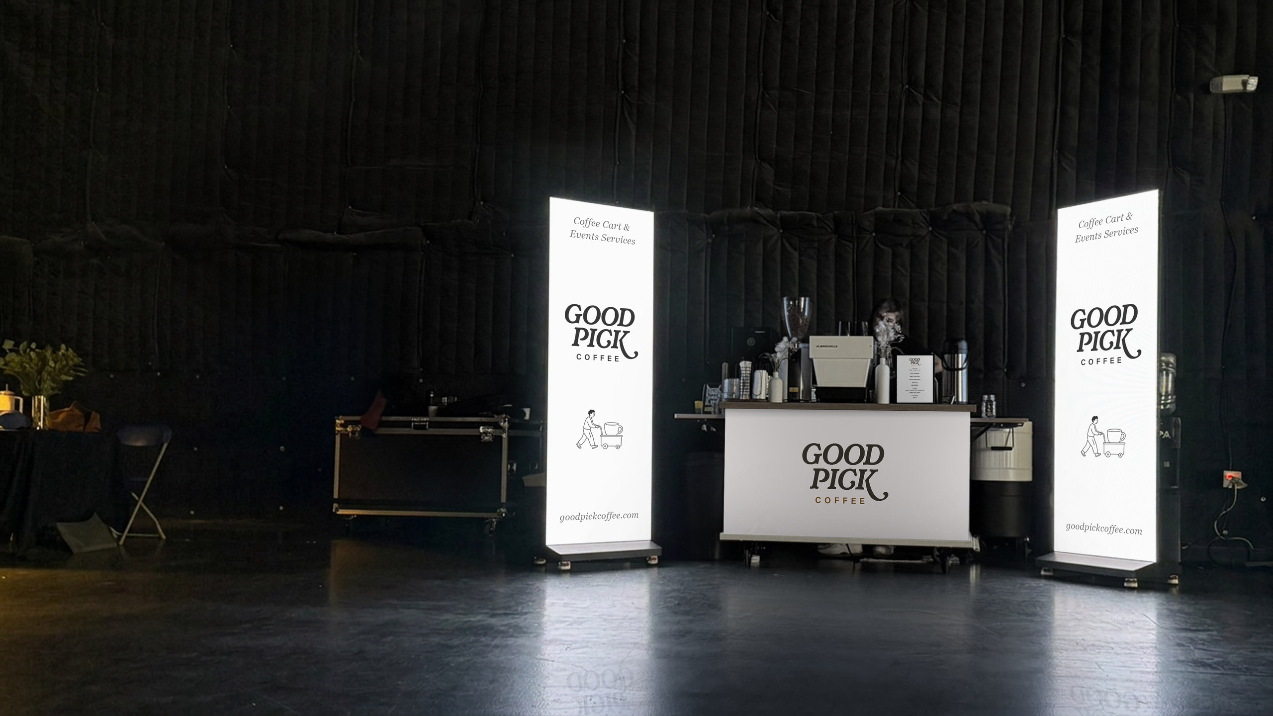 Good Pick mobile coffee cart between two LED screens for event coffee catering in Los Angeles, California
