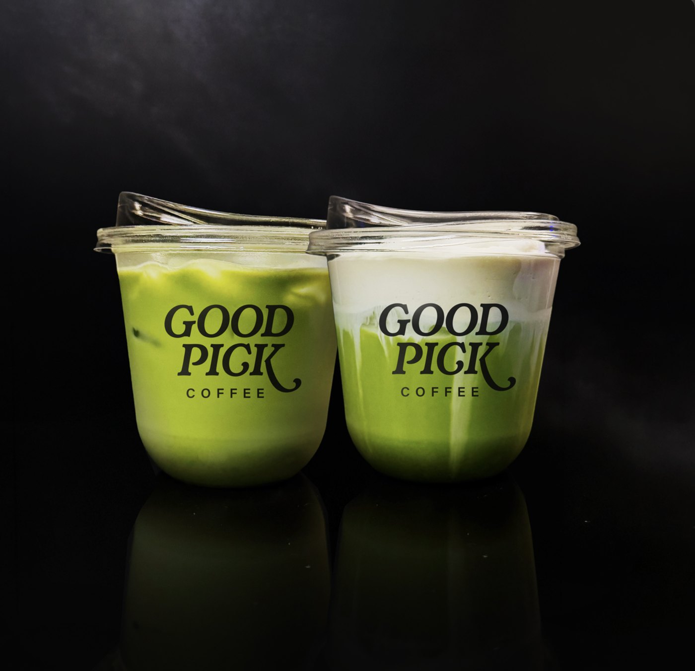 Two Good Pick Coffee iced matcha lattes in branded cups, matcha cart catering in Los Angeles, CA