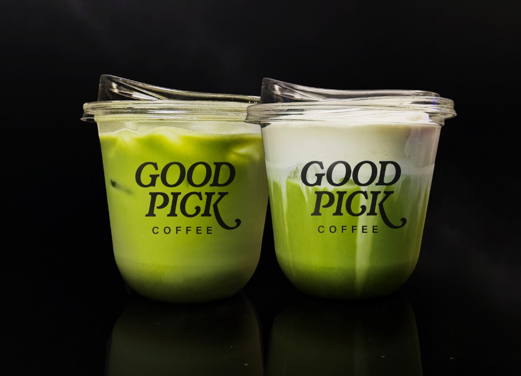 Two iced matcha lattes served in Good Pick cups