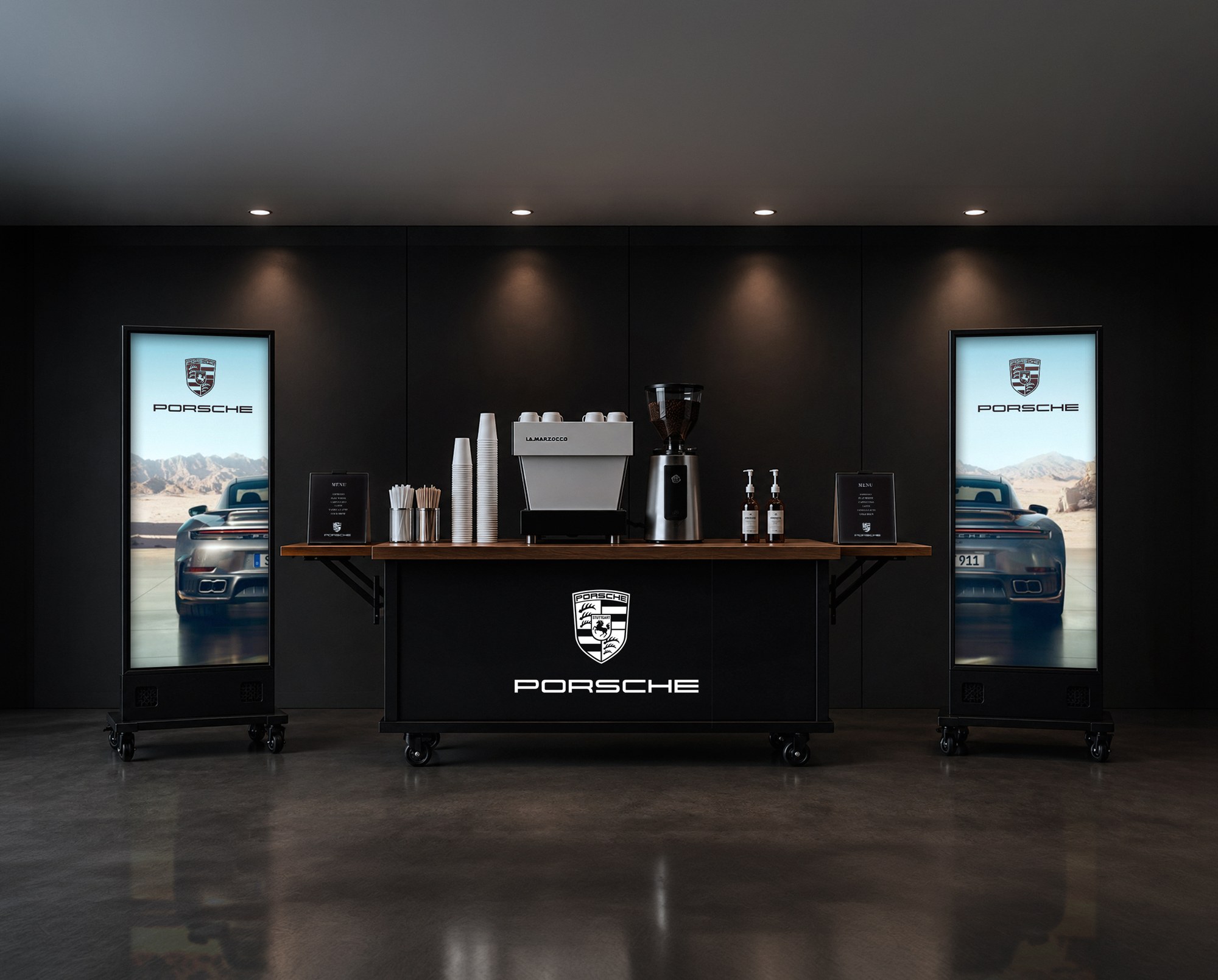 Good Pick coffee cart fully branded for a Porsche activation with matching LED screens and signage