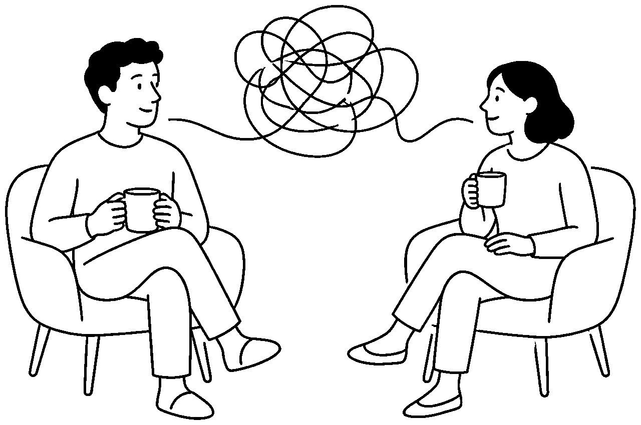 Illustration of two people seated and connecting over coffee mugs