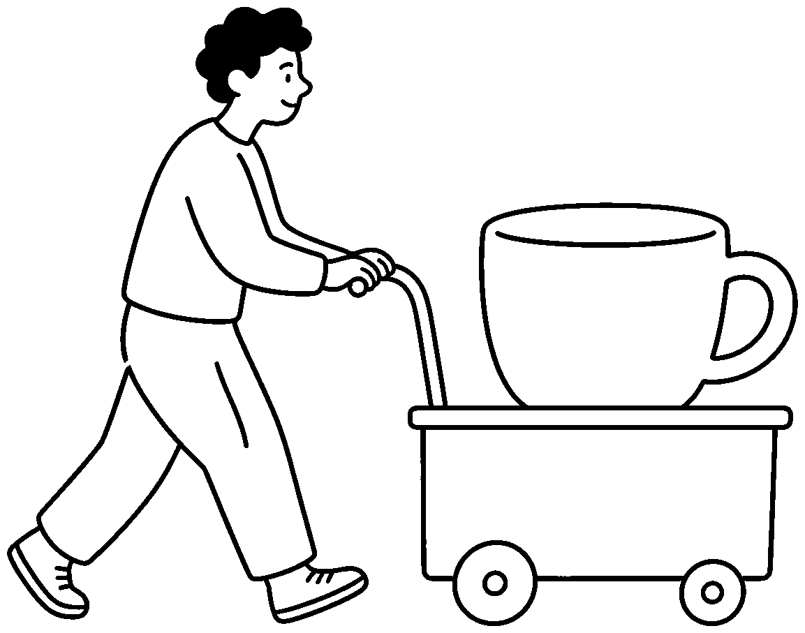 Illustration of someone pushing a cart with a giant coffee mug